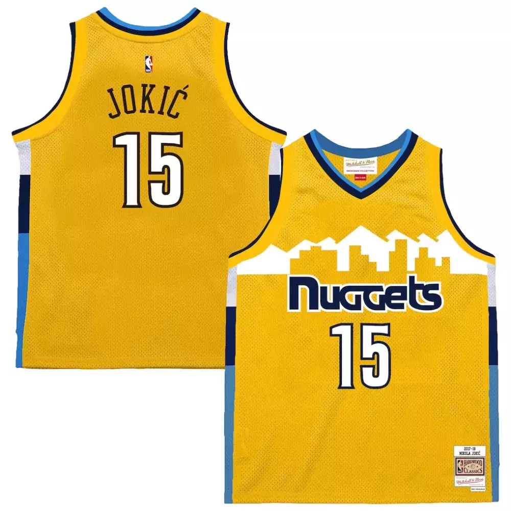 Nikola Jokic 15 Nuggets Jersey Yellow Hardwood Classics Mitchell Ness Men Blue White