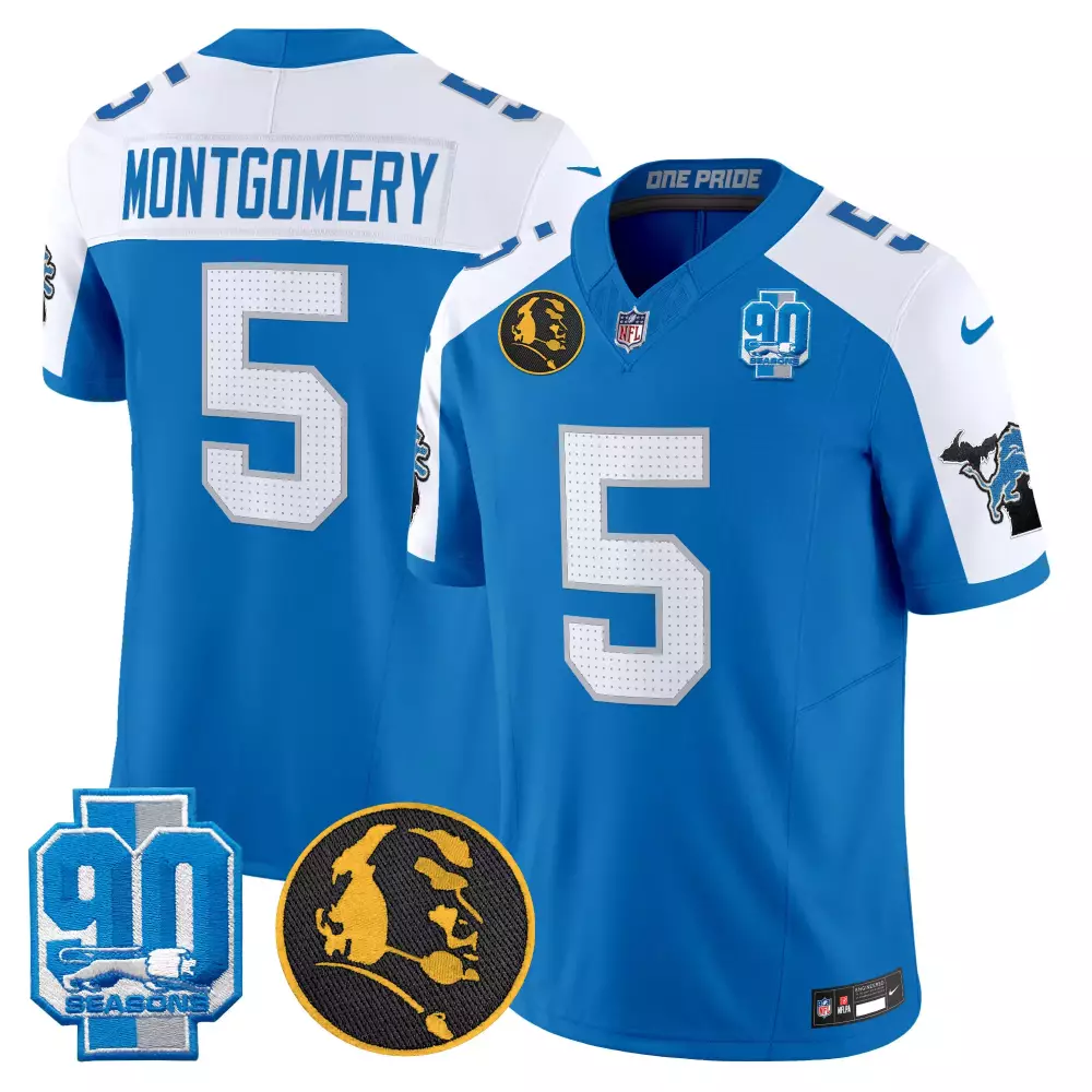 Montgomery 5 Lions Jersey Blue 90th Season Lion Head Men White Silver Alternate Vapor