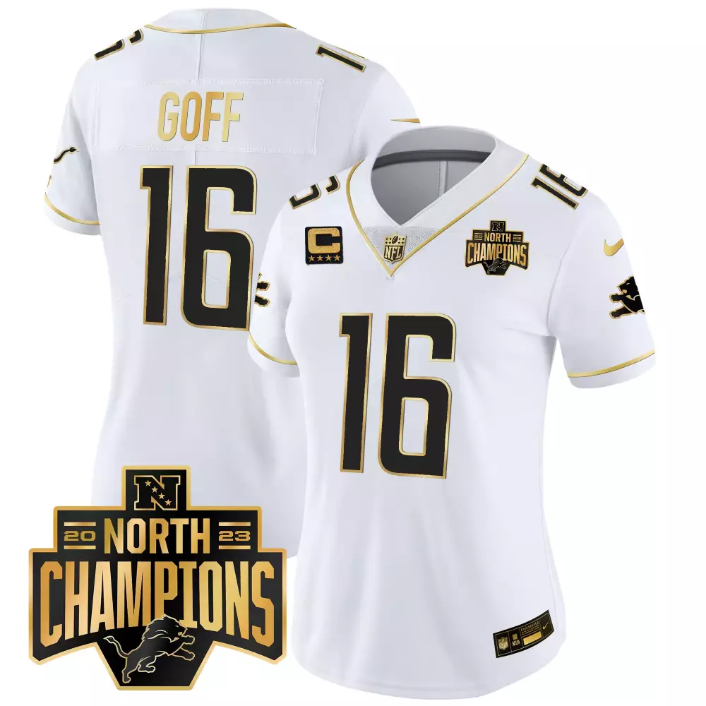 Jared Goff 16 Detroit Lions Jersey White 2023 North Champions Men Player Black Gold
