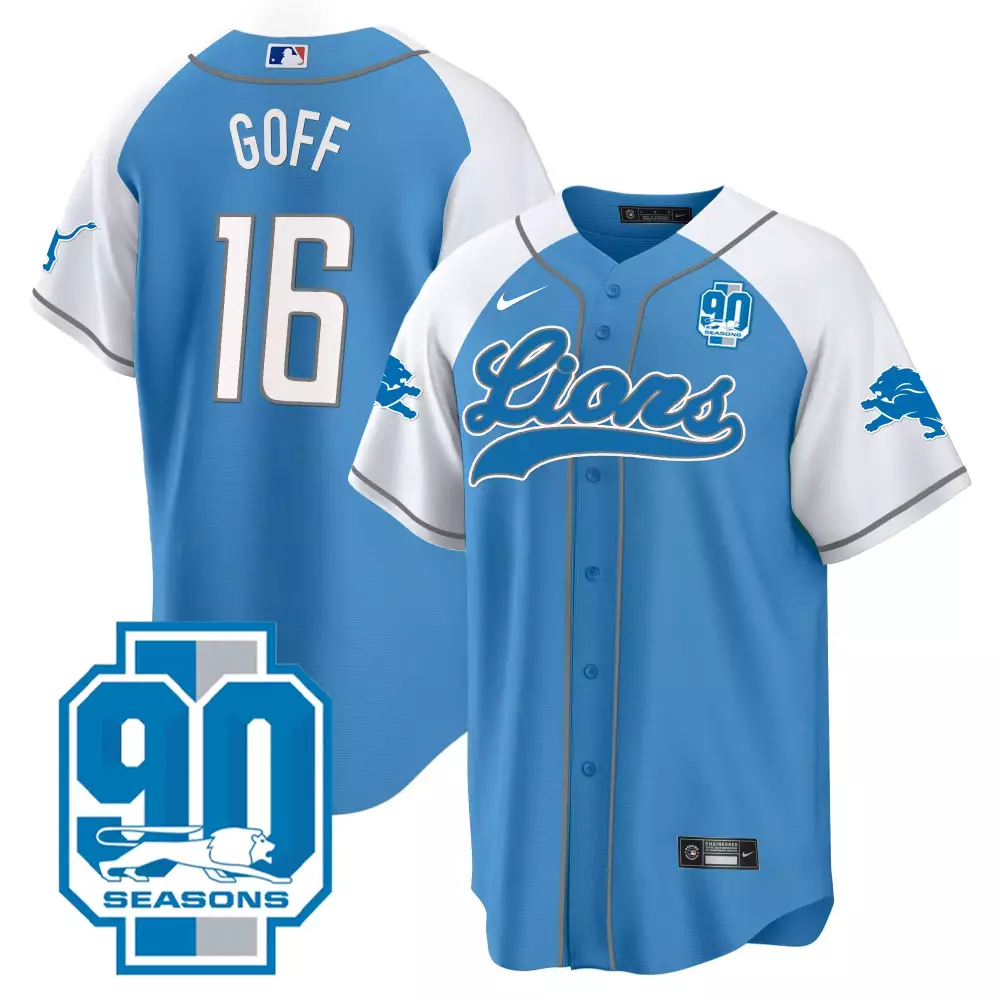 Jared Goff 16 Lions Jersey Blue 90 Seasons Men Alternate Split Design White Gray