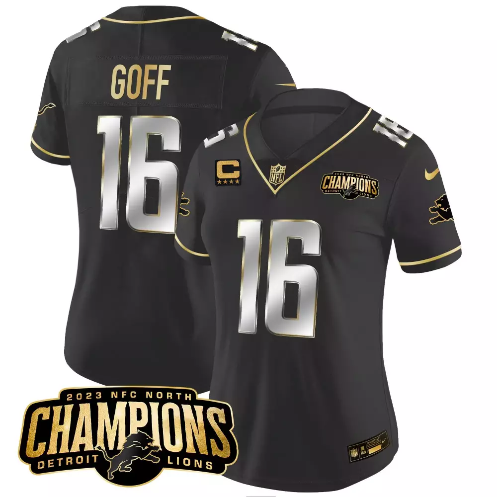 Jared Goff 16 Detroit Lions Jersey Black 2023 NFC North Champions Men Gold Silver