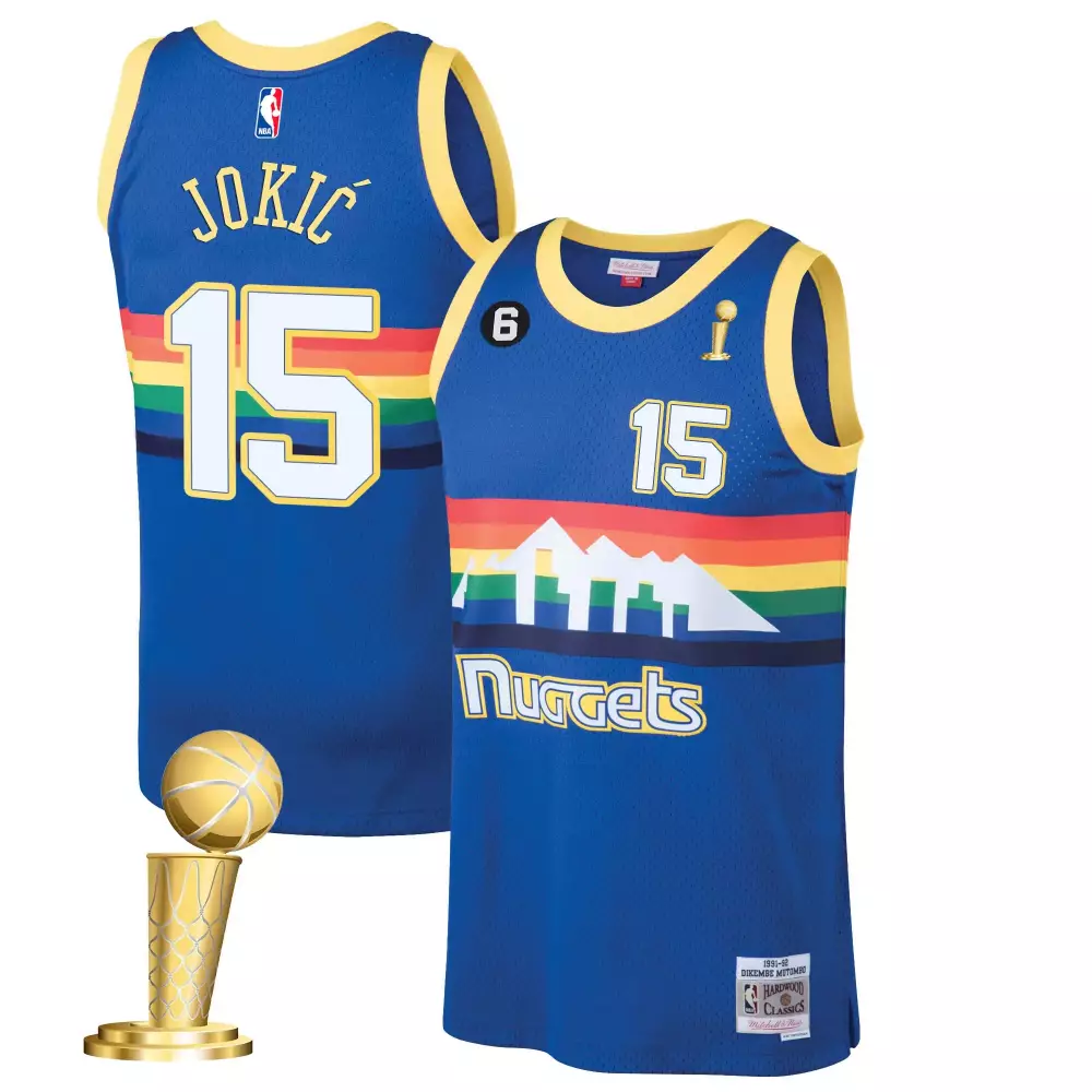 Nikola Jokic 15 Nuggets Jersey Blue Championship Trophy Men Yellow White Red Orange