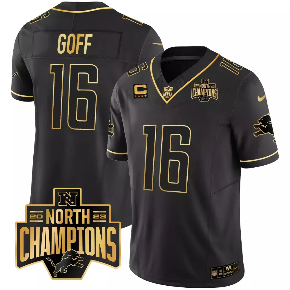 Jared Goff 16 Lions Jersey Black 2023 North Champions Super Bowl Lviii Men Gold Stitched