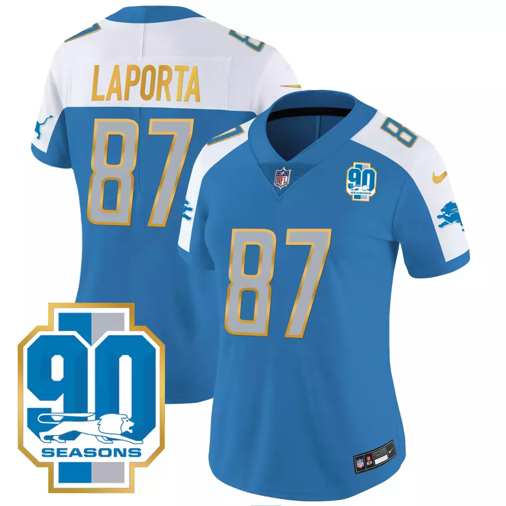 Laporta Year 87 Detroit Lions Jersey Blue 90th Season 90 Seasons Men NFL White Silver