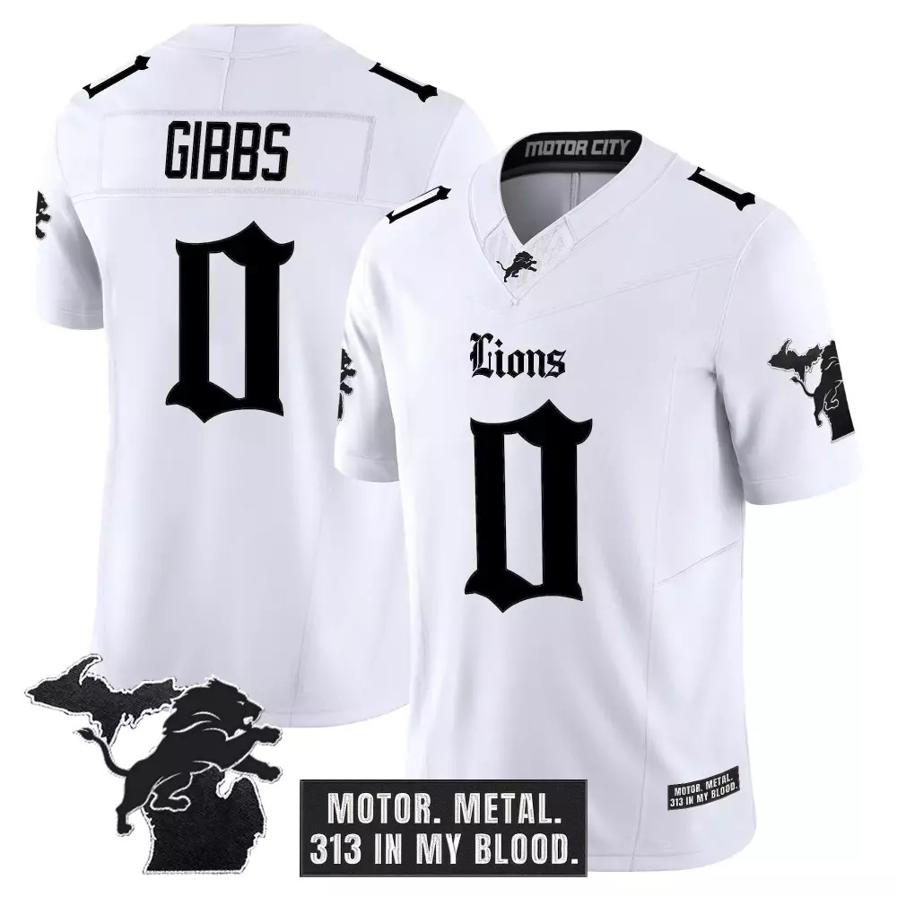 Gibbs Motor Lions Jersey White City Michigan Map Lion Men Alternate Black Stitched