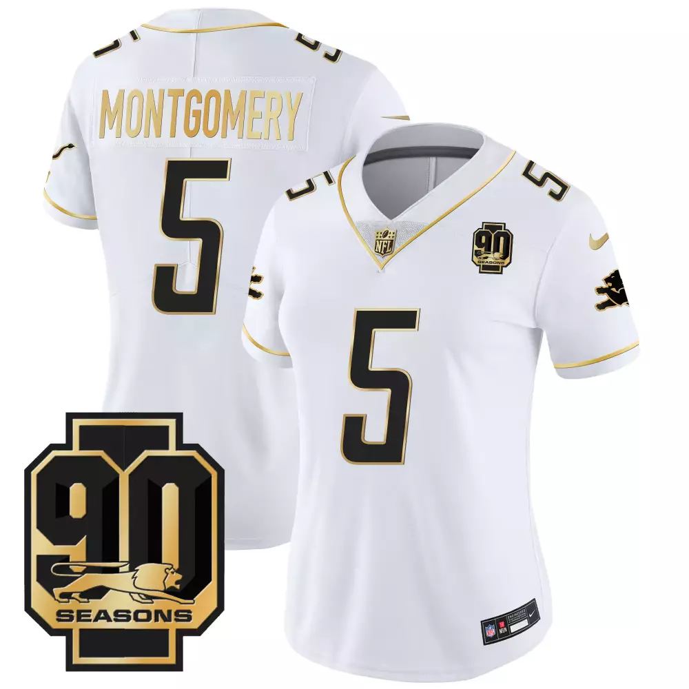David Montgomery 5 Lions Jersey White 90th Season 90 Seasons Men Black Gold All Stitched