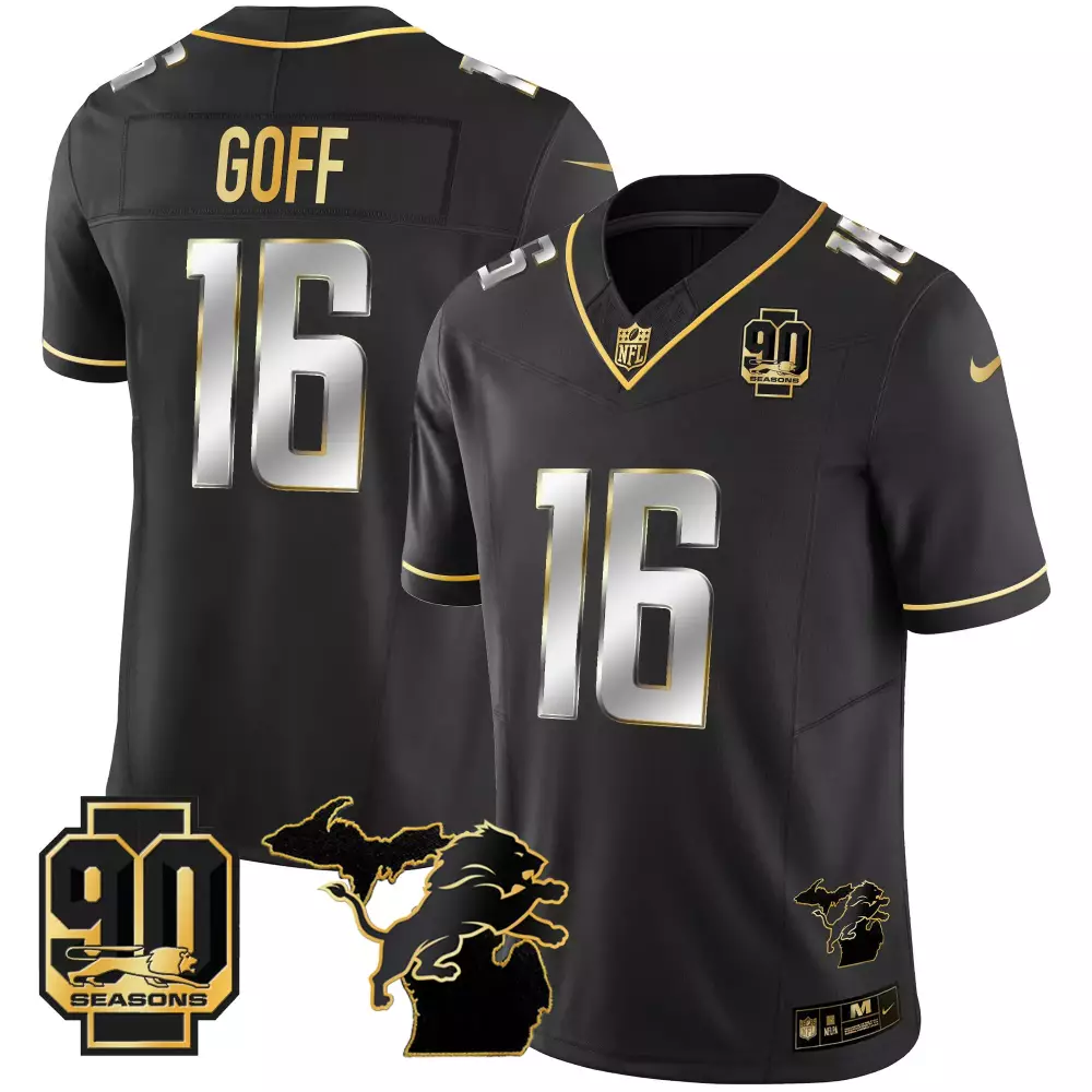 Goff Year 16 Detroit Lions Jersey Black 90th Season 90 Seasons Men Gold Silver Stitched