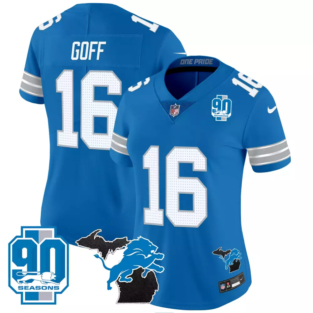 Jared Goff 16 Lions Jersey Blue 90 Seasons Men Game White Silver Vapor All Stitched