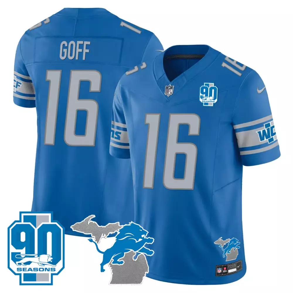 Jared Goff 16 Lions Jersey Blue 90 Seasons Men White Grey All Stitched