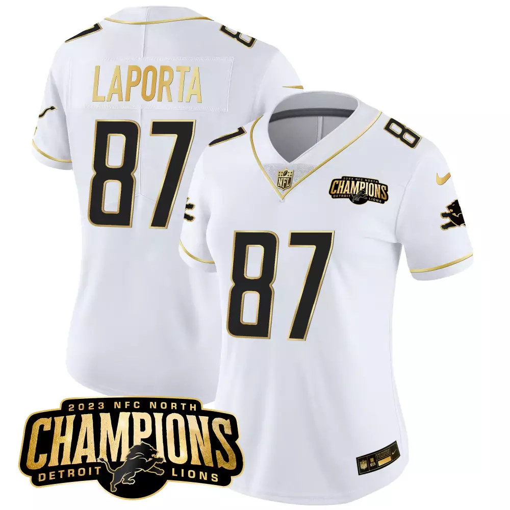 Sam Laporta 87 Detroit Lions Jersey White 2023 NFC North Champions Men Game Black