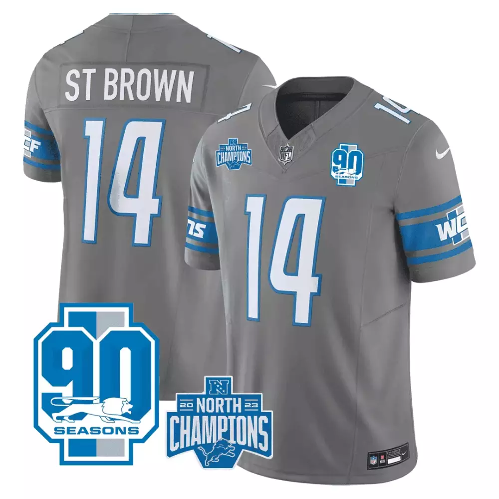 St Division 14 Lions Jersey Gray 90 Seasons NFC North Champions 2023 Men Standard