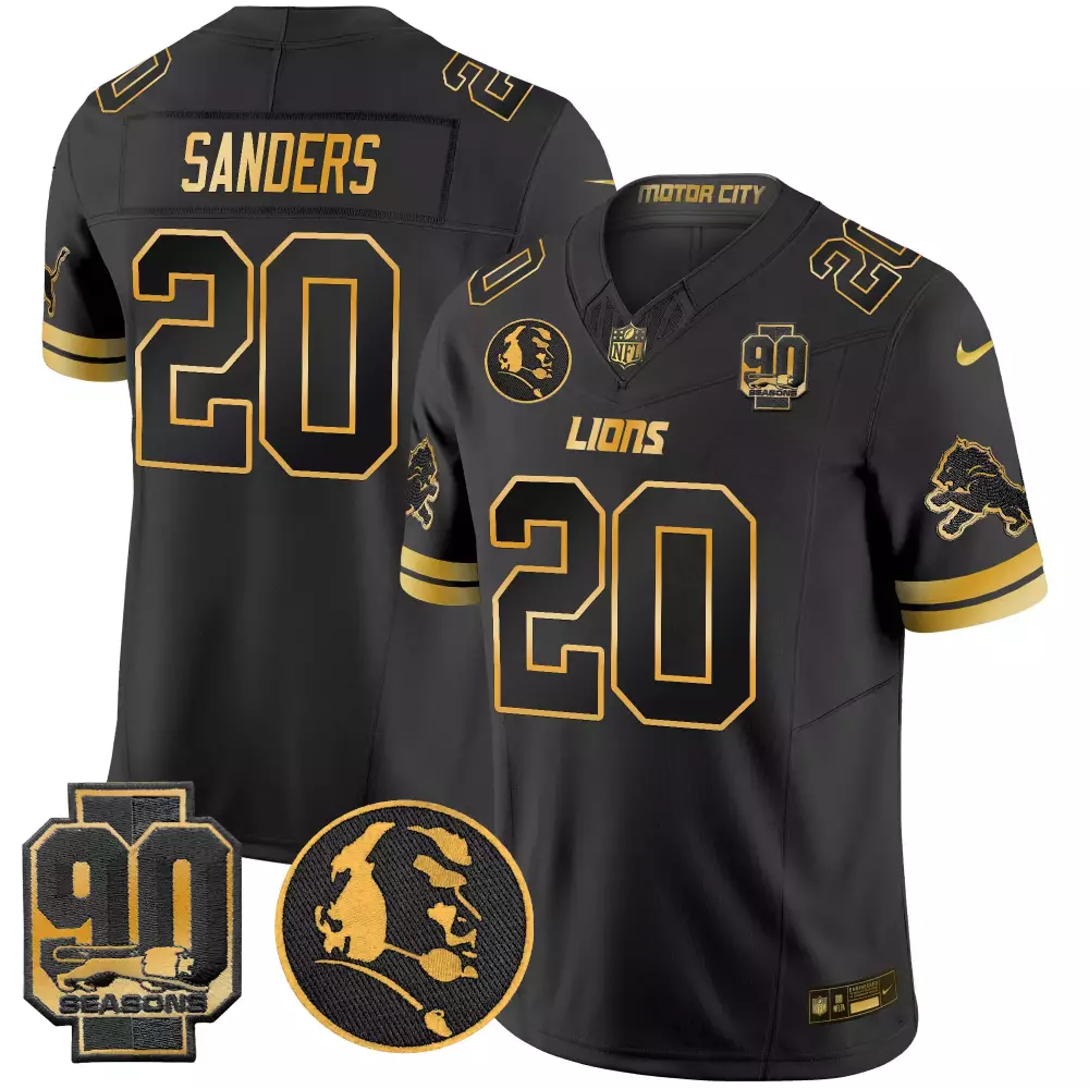 Sanders 20 Lions Jersey Black 90th Anniversary 90 Seasons Motor City Men NFL Gold
