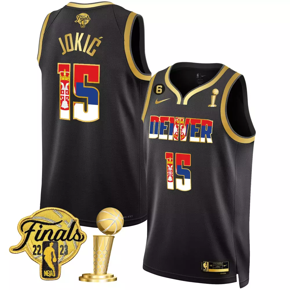 Nikola Jokic 15 Denver Nuggets Jersey Black 2023 NBA Finals Champions Men Gold Red