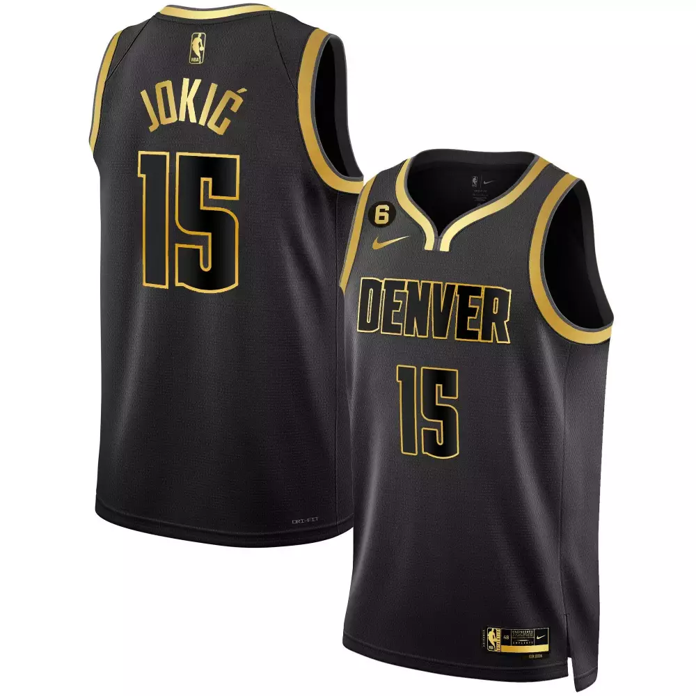 Nikola Jokic 15 Denver Nuggets Jersey Black Men Gold Collection All Stitched