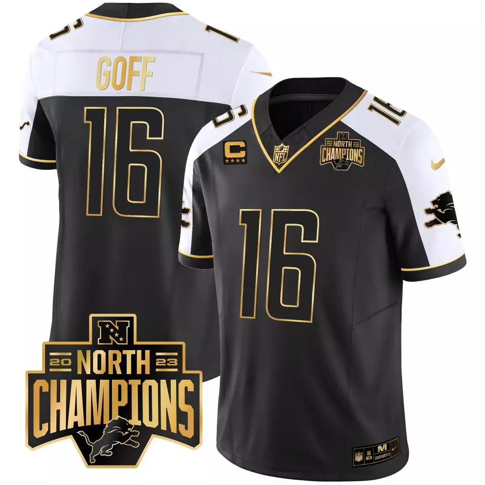 Jared Goff 16 Lions Jersey Black NFC North Champions 2023 Men White Gold Alternate