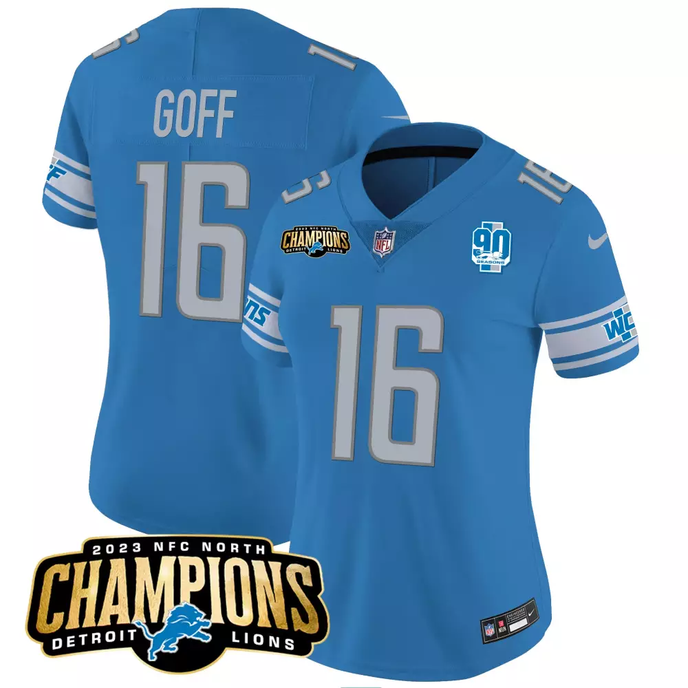 Jared Goff 16 Detroit Lions Jersey Blue 2023 NFC North Champions 90 Seasons Men NFL