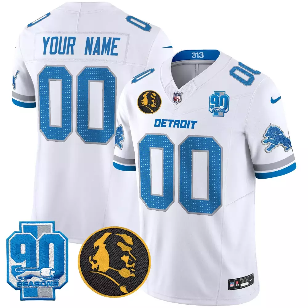 Custom Detroit Lions Jersey White 90th Anniversary 90 Seasons Lion Head Men Blue