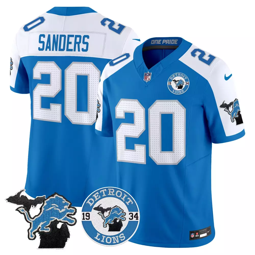 Barry Sanders 20 Detroit Lions Jersey Blue Michigan Outline Men White Silver Alternate