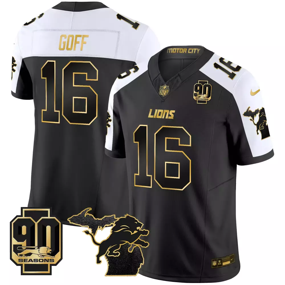 Jared Goff 16 Lions Jersey Black 90th Season 90 Seasons 2023 Men White Gold Alternate