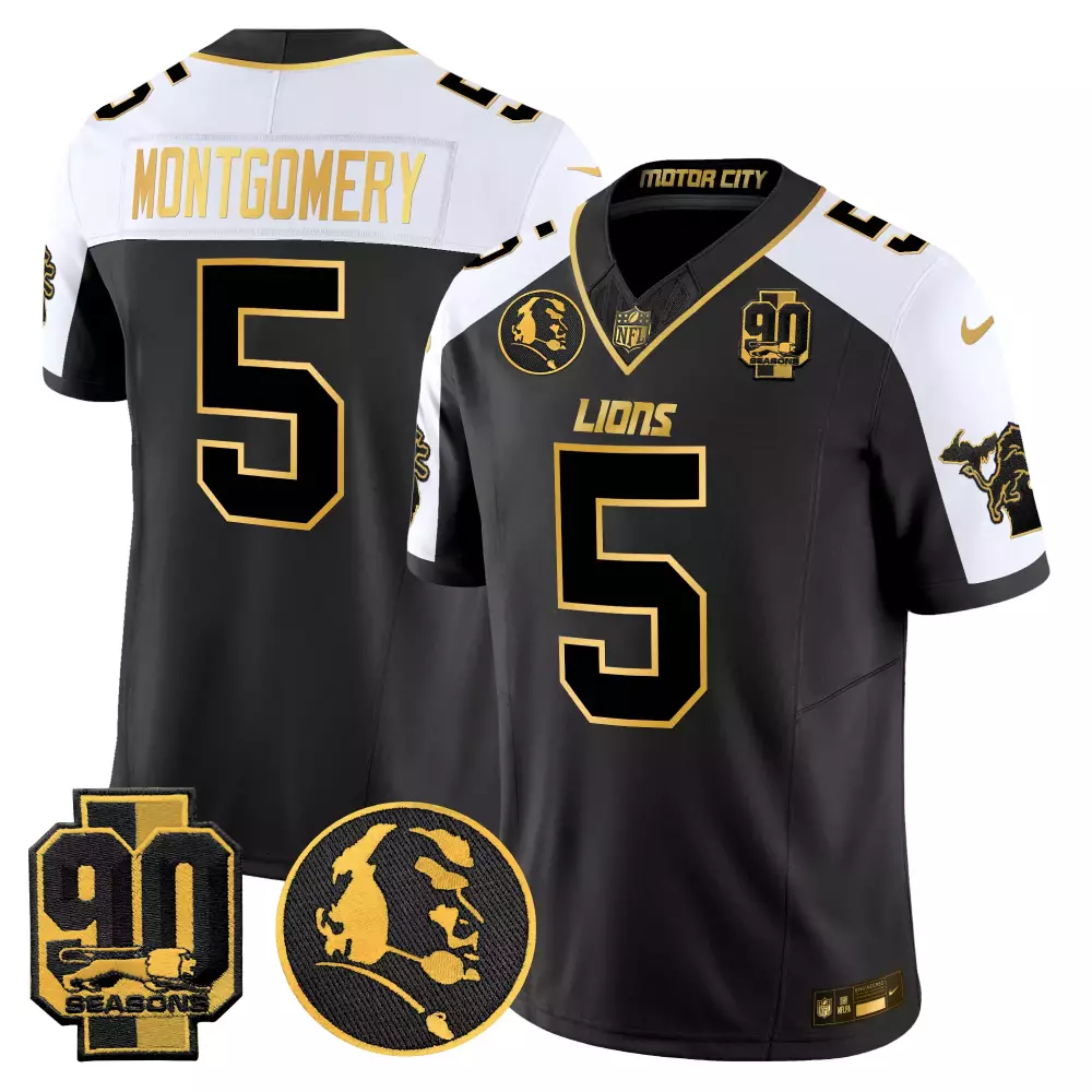 Montgomery 5 Lions Jersey Black 90th Season 90 Seasons Head Men White Gold Alternate