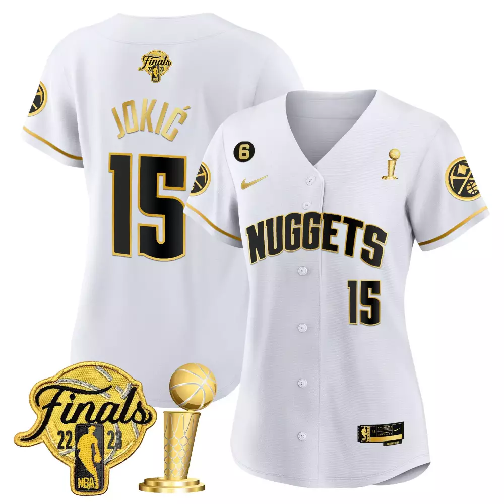 Nikola Jokic 15 Nuggets Jersey White 2023 NBA Champions Finals Men Black Gold All