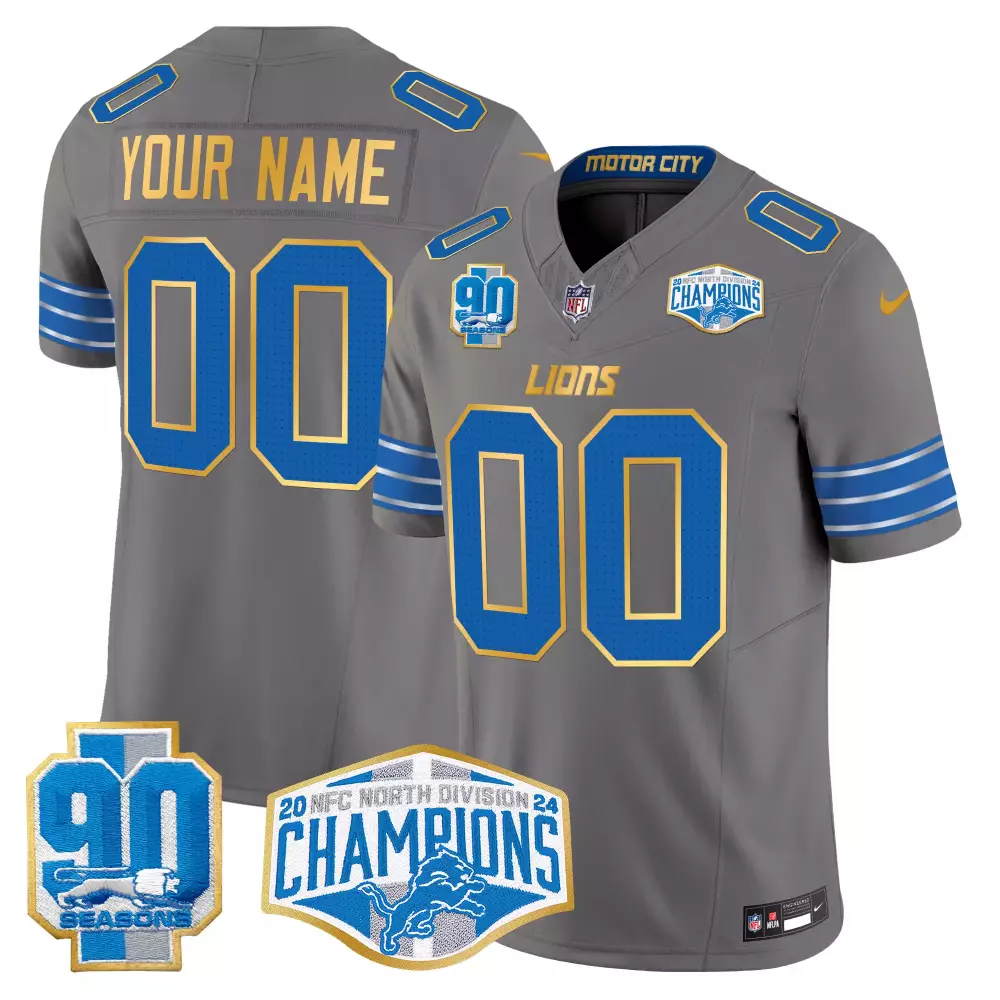 Custom Lions Jersey Gray 90 Seasons Men Blue Gold Vapor Limited All Stitched