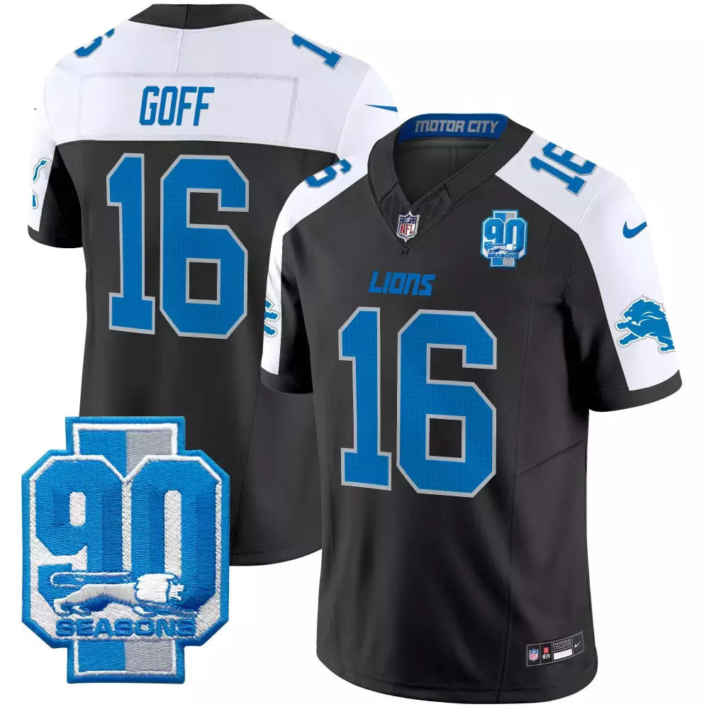 Jared Goff 16 Lions Jersey Black 90 Seasons Men Game Alternate White Blue Vapor Limited