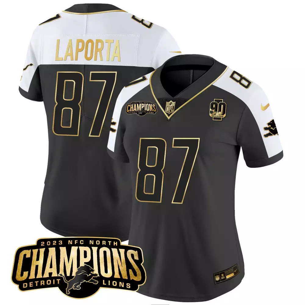 Sam Laporta 87 Detroit Lions Jersey Black 2023 NFC North Champions 90 Seasons Men