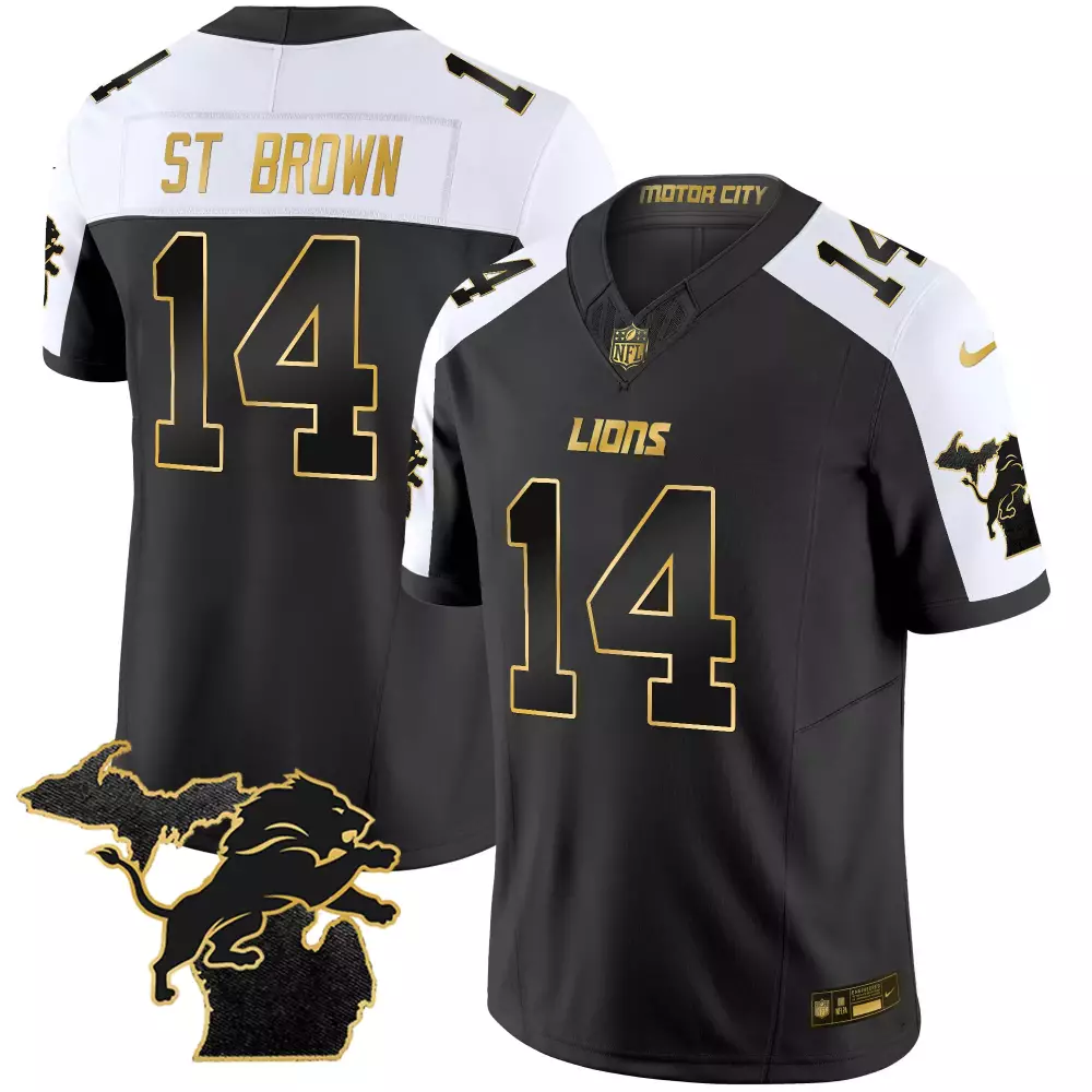 Amon-ra St. 14 Lions Jersey Black Motor City 2023 Men White Gold Stitched