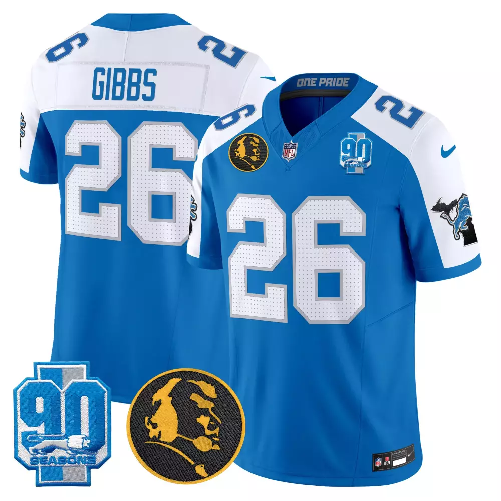 Jahmyr Gibbs 26 Detroit Lions Jersey Blue 90th Season 90 Seasons Bob Quinn Men NFL