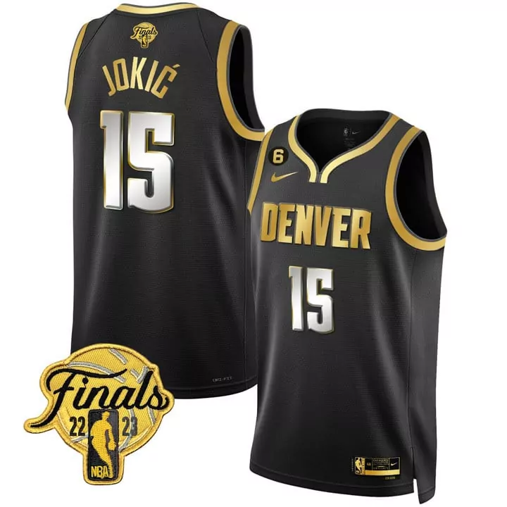 Nikola Jokic 15 Denver Nuggets Jersey Black NBA Finals 2022-2023 Men Gold White Stitched