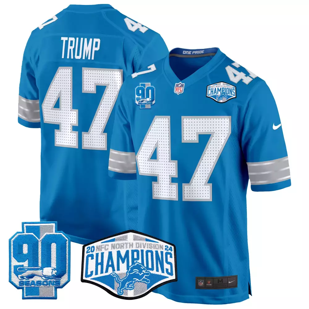 Donald Trump 47 Detroit Lions Jersey Blue 2023 NFC North Division Champions 90 Seasons