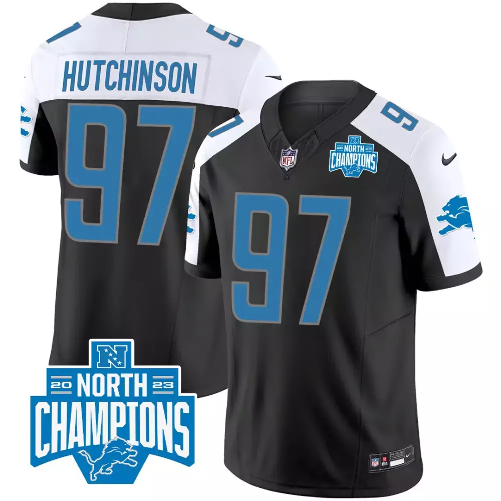 Hutchinson 97 Lions Jersey Black 2023 North Champions Men NFL White Blue All Stitched