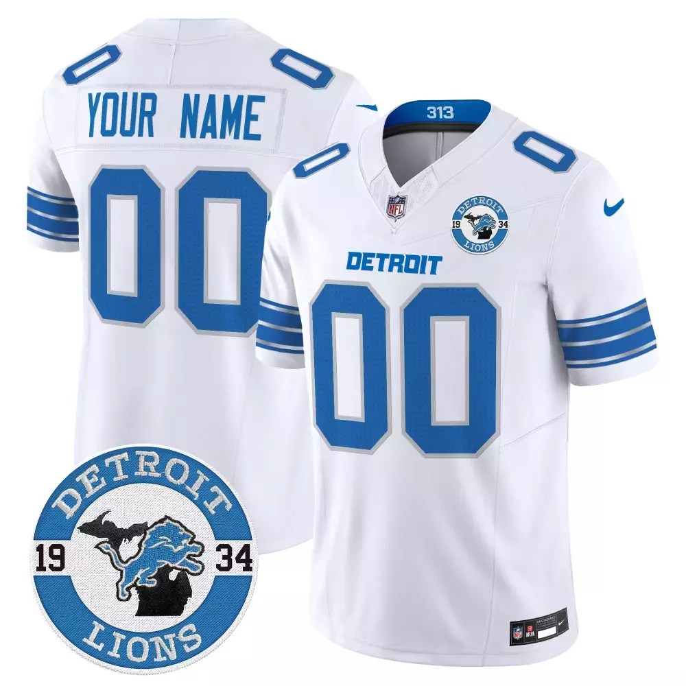 Custom Detroit Lions Jersey White 1934 Men Blue Silver Vapor Limited All Stitched
