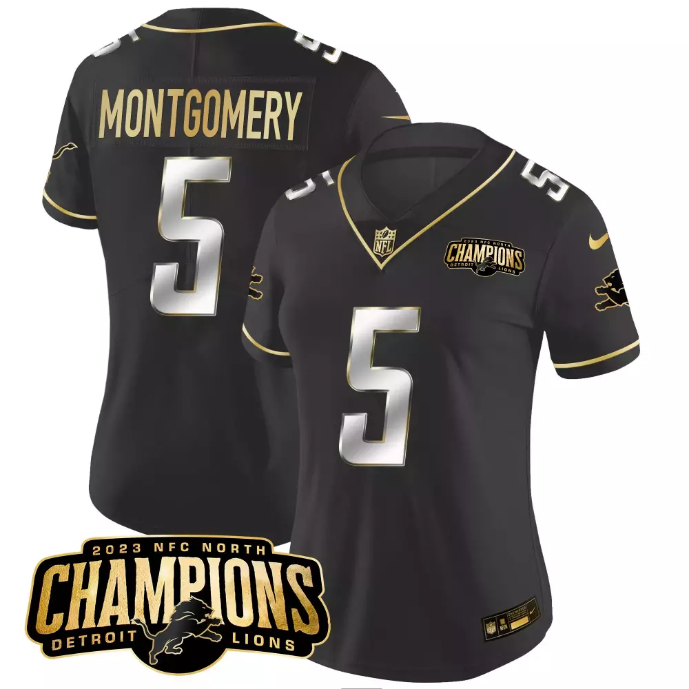 David Montgomery 5 Detroit Lions Jersey Black 2023 NFC North Champions Men Game Gold