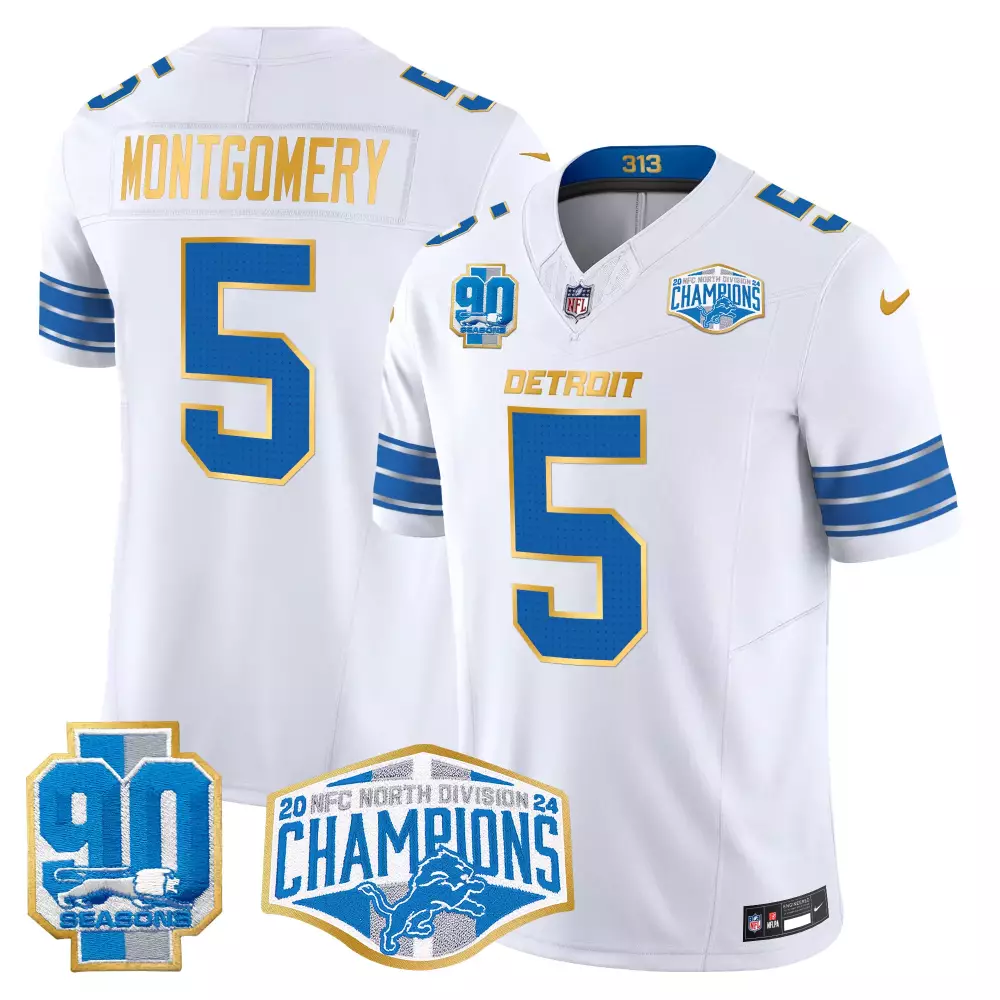 David Montgomery 5 Detroit Lions Jersey White 2023 NFC North Division Champions 90 Seasons