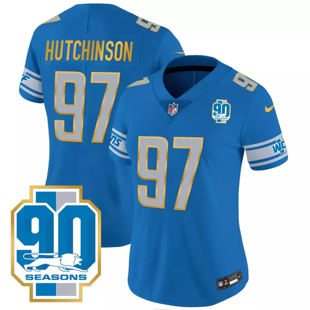 Aidan Hutchinson 97 Detroit Lions Jersey Blue 90 Seasons Men Replica Silver White