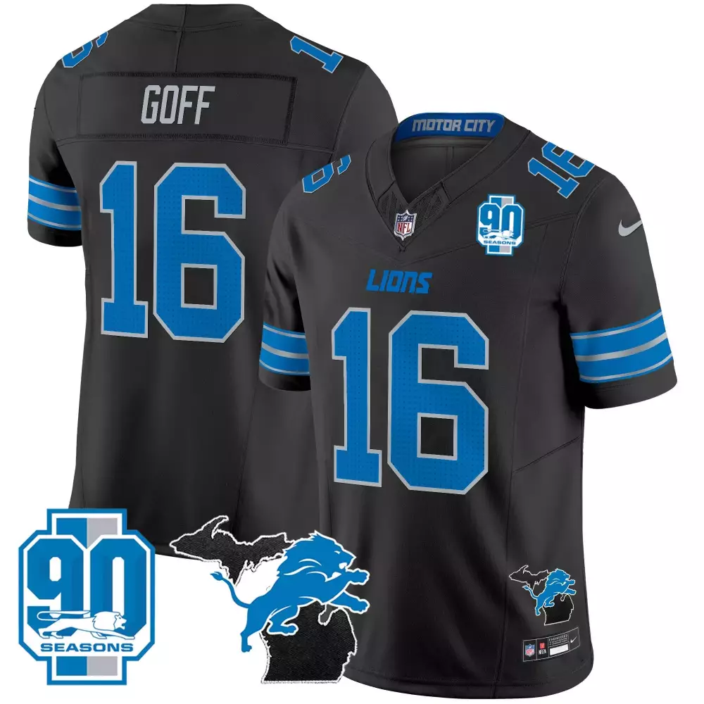 Jared Goff 16 Lions Jersey Black 90 Seasons Men Blue Silver Vapor All Stitched