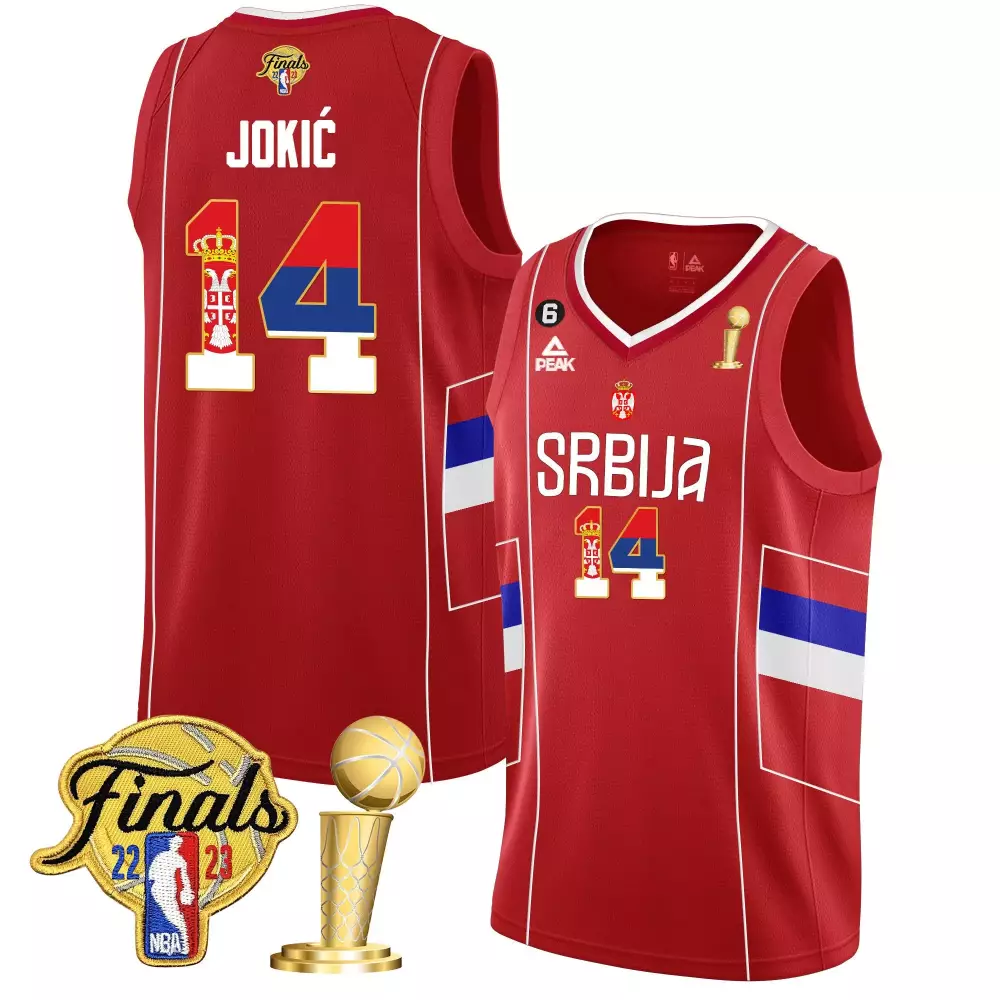Nikola Jokic 14 Srbija Jersey Red Finals 2023 Men White Blue All Stitched