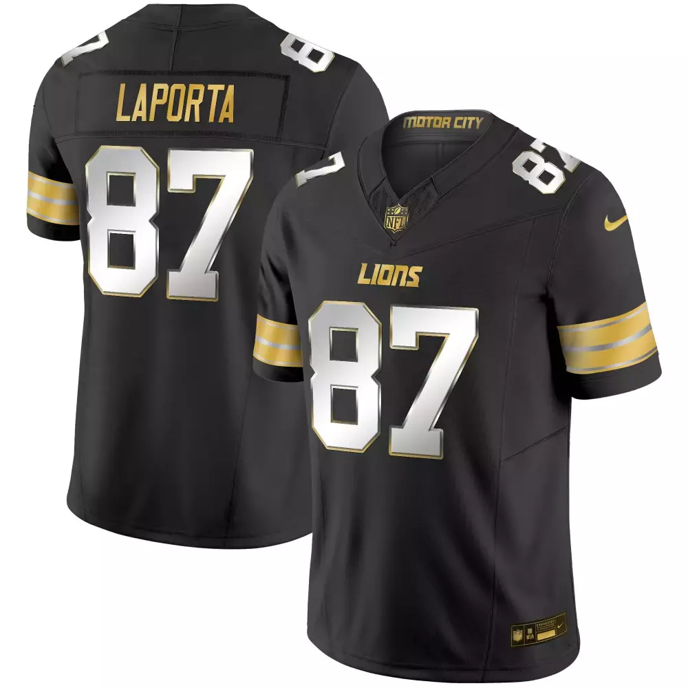 Sam Laporta 87 Lions Jersey Black Motor City Men White Gold Limited Vapor All Stitched