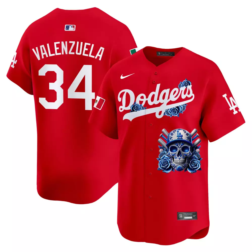 Valenzuela 34 Dodgers Jersey Red Dia De Los Muertos Mexican Flag Men Custom Design