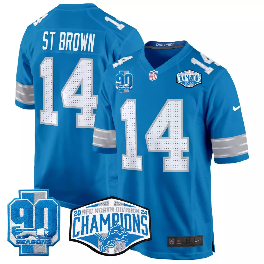 St Division 14 Detroit Lions Jersey Blue 90 Seasons Men Authentic Silver White Game