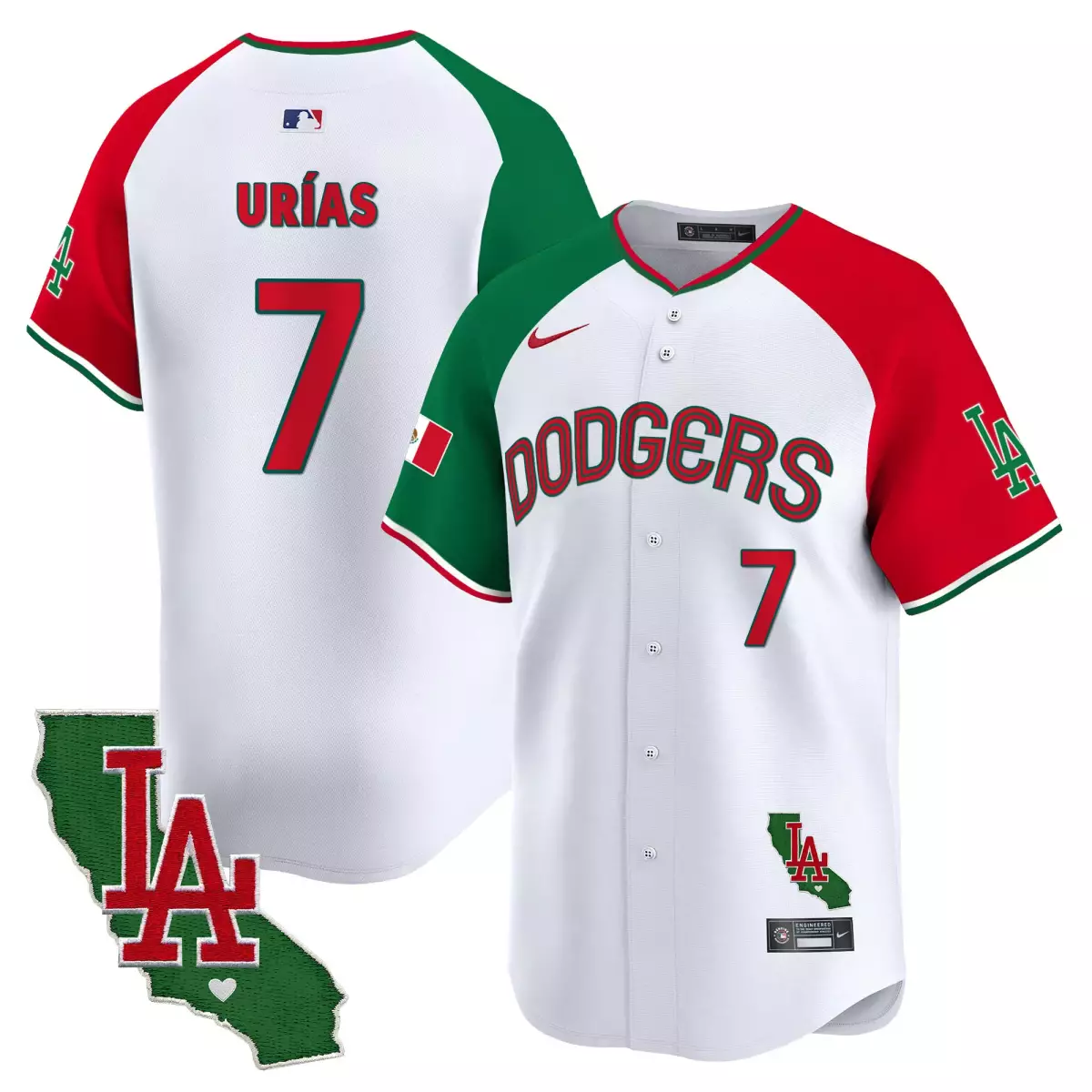 Urias Mexico 7 Dodgers Jersey White City Connect Mexican Flag Men Split Design Red