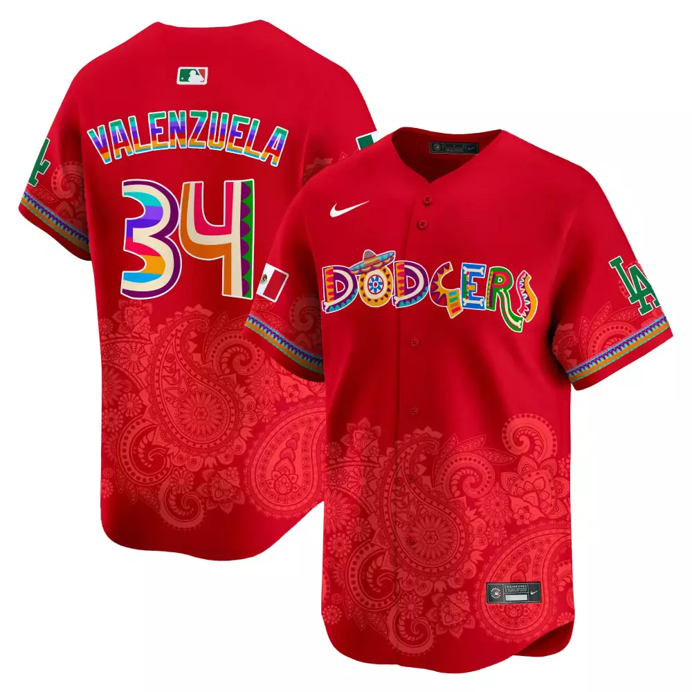 Valenzuela 34 Dodgers Jersey Red Cinco De Mayo Mexican Flag Men Full Button Split