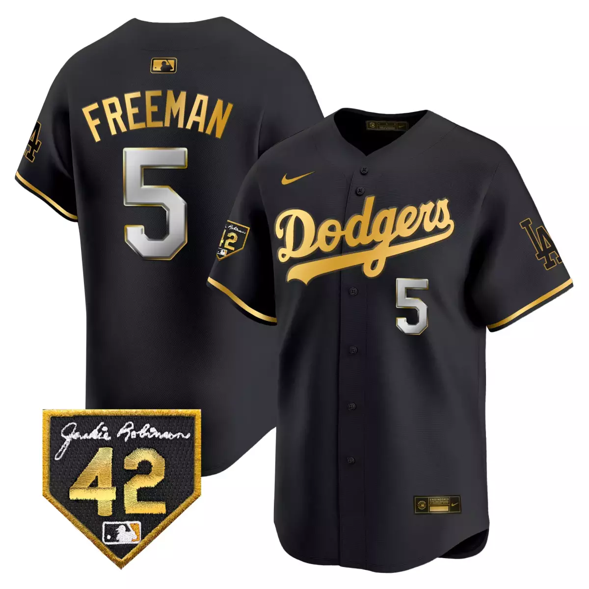 Freeman 5 Dodgers Jersey Black Jackie Robinson Day 42 Men Gold Silver Vapor Premier