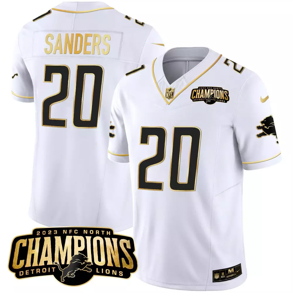 Barry Sanders 20 Detroit Lions Jersey White 2023 NFC North Champions Men Standard