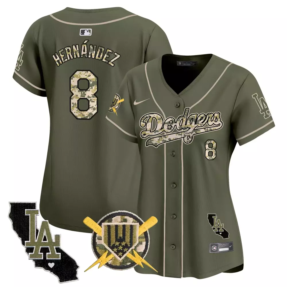 Hernndez LA 8 Dodgers Jersey Olive Green Military Appreciation California State Outline