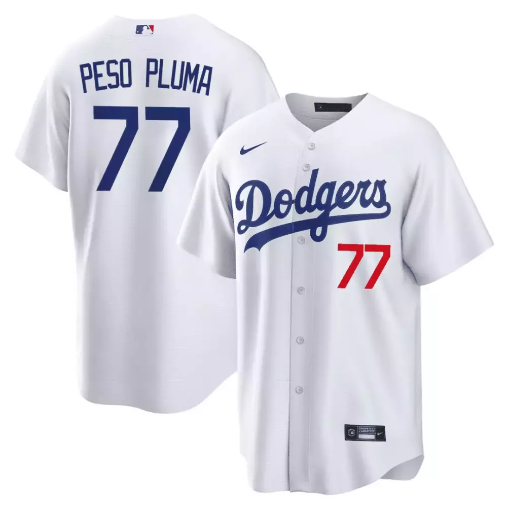 Peso Pluma 77 Dodgers Jersey White Men Blue Red Stitched