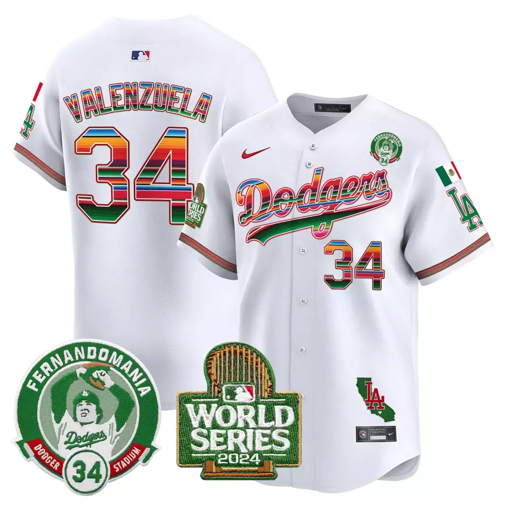 Fernando Valenzuela 34 Dodgers Jersey White Cinco De Mayo Fernandomania World Series 2024