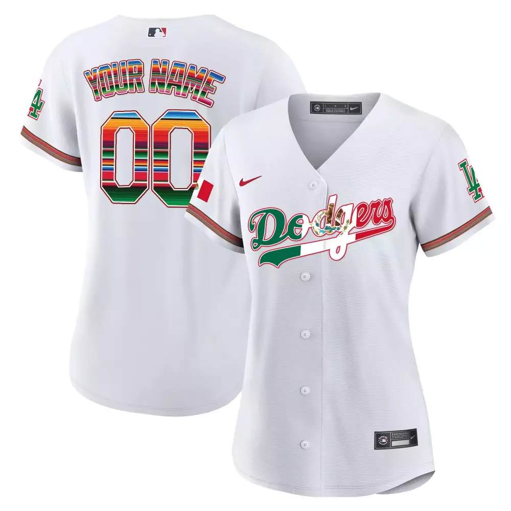 Custom Dodgers Jersey White Cinco De Mayo Mexico Flag Women Split Design Green Red